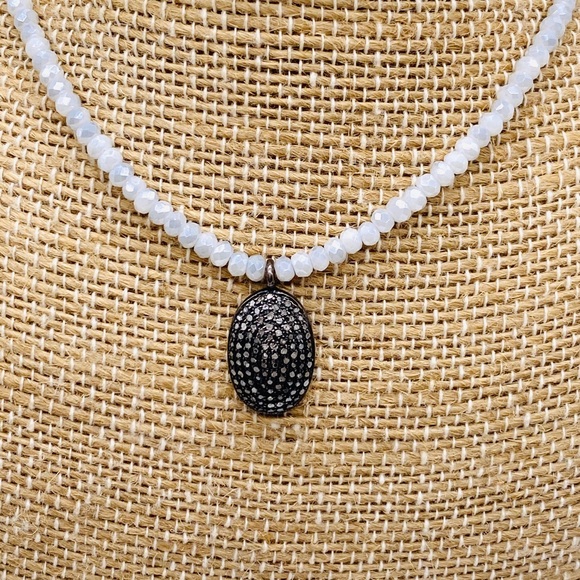 Pave Oval Light Blue Beaded Quartz Necklace 16" - Picture 3 of 6